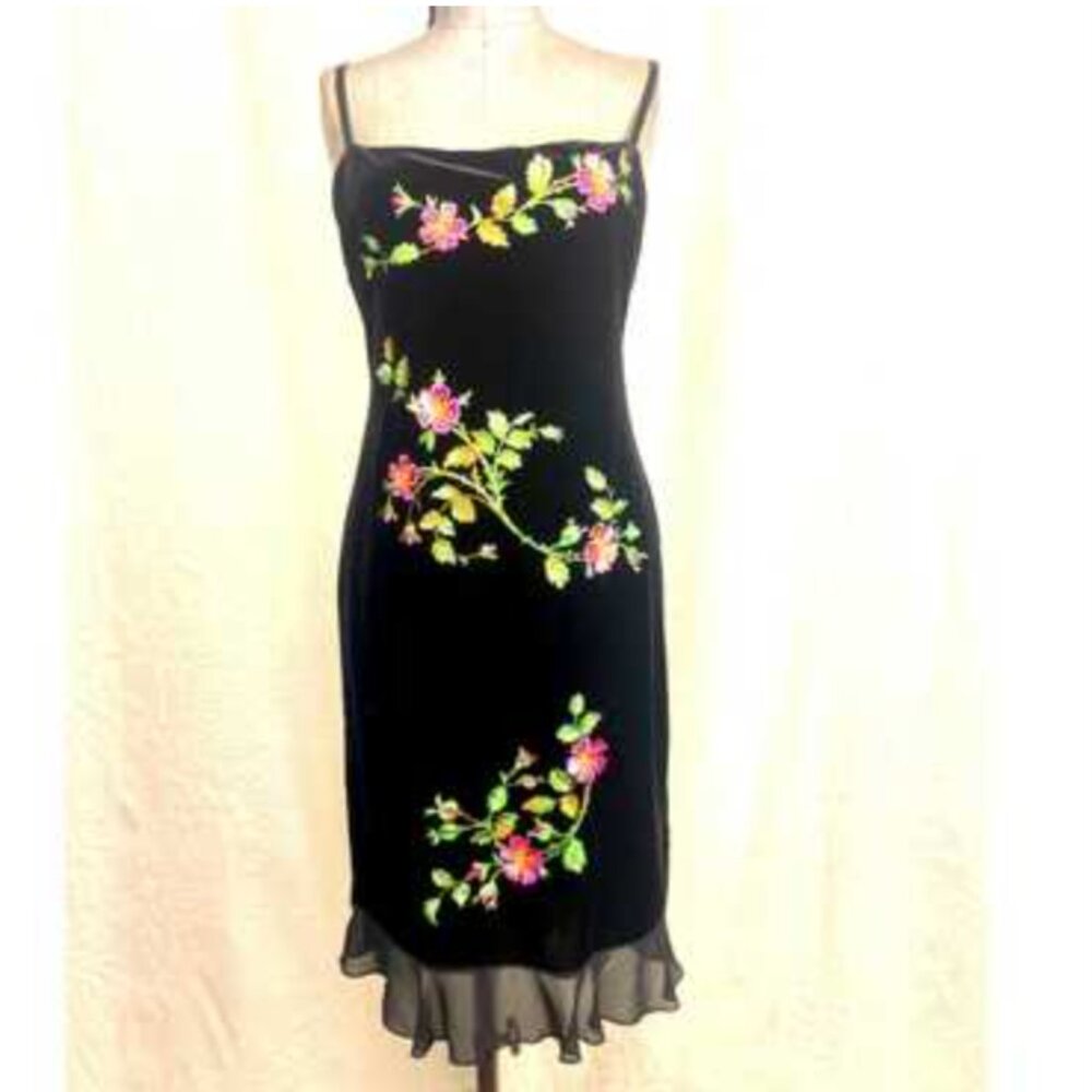 Vintage 90's Y2K BetseyJohnson Stretch Velvet Floral Embroidered Slip Dress/ SM